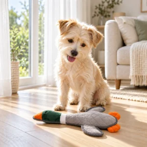 Dog with PuppyToys Mallard Duck plush toy