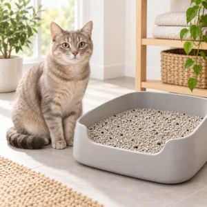 Cat beside a litter tray filled with KittyClean bentonite cat litter with activated carbon