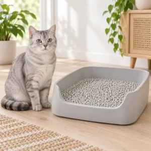Cat beside a litter tray filled with KittyClean Compact Plus bentonite cat litter