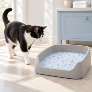 Cat beside a litter tray filled with KittyClean antibacterial silica crystal cat litter