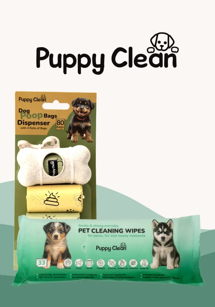 PuppyClean dog waste bags and pet cleaning wipes